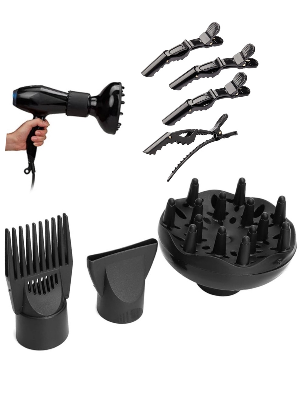 4 piece - Black Universal Hair Dryer Styling Kit